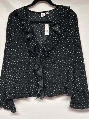 GAP Black and White Polka Dot Tie-Front Ruffle Blouse